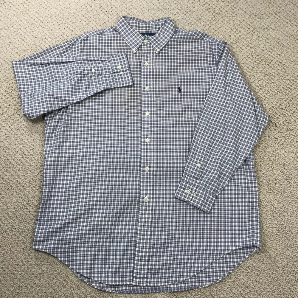 Polo Ralph Lauren Yarmouth Mens 16.5 32/33 Blue White Plaid Cotton Dress Shirt